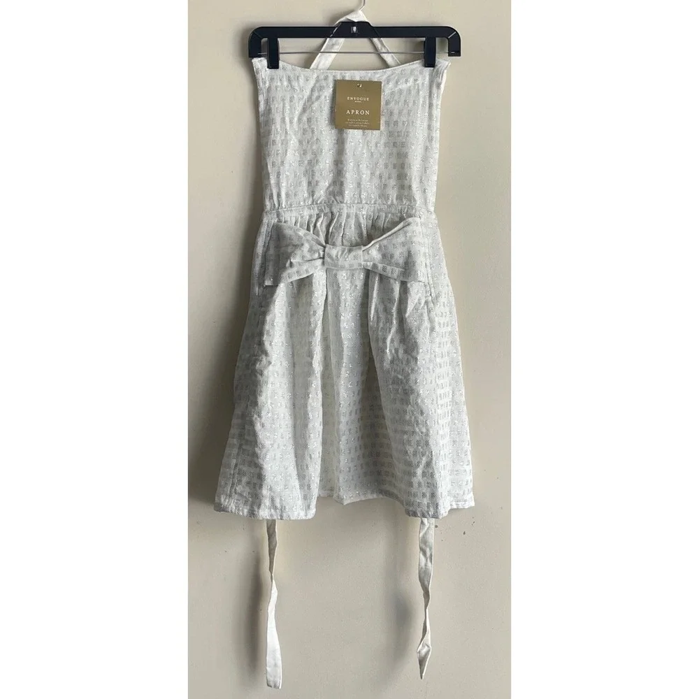 NWT Envogue Silver Lurex Shimmer Apron Bow Front Cotton White Coquette Pockets M